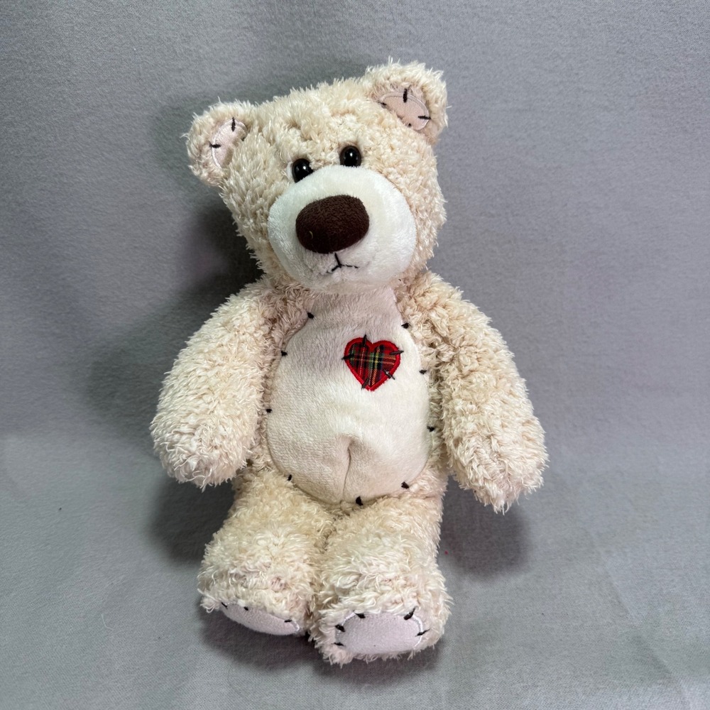 First & Main Tender Teddy 1616 Cream Plaid Heart Patch Plush Toy Cottagecore 12"